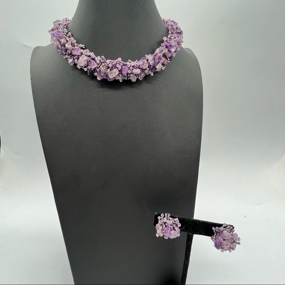 Clara Studios Purple Jade Amethyst Glass Beads Necklace Clip Earrings